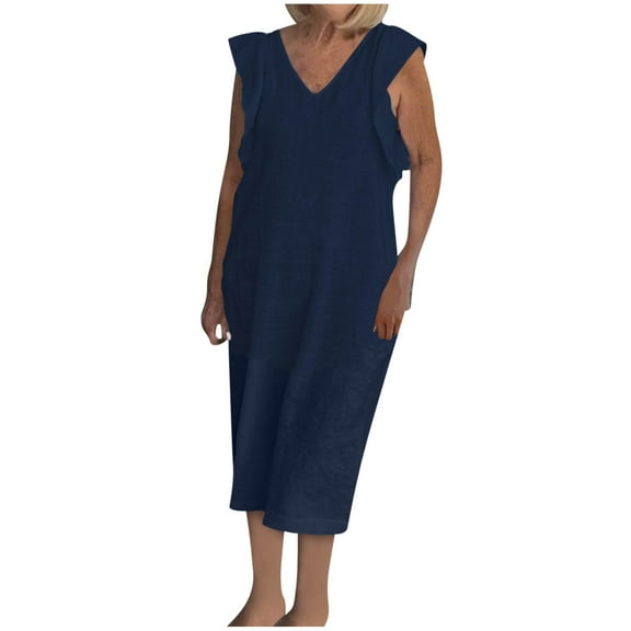 yillto Womens Plus Size Dress Cotton Linen Ruffle Sleeve V Neck Summer Loose Midi Dress Tshirts Dresses
