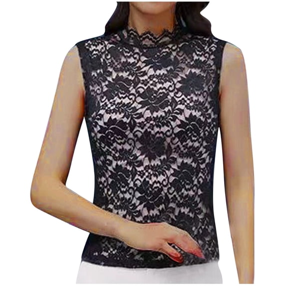 yillto Womens Plus Size Lace Tops Sleeveless Mock Neck Layer Blouse Casual Dress Camisole Shirts S-5XL