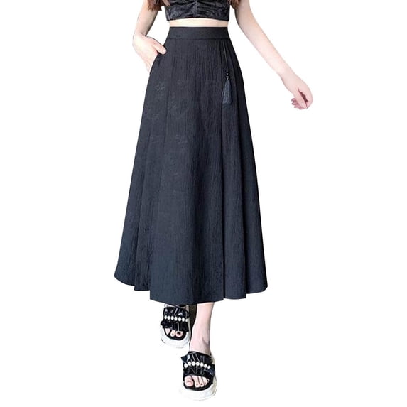 yillto Womens Plus Size Long Skirts High Waist A Lined Elegant Pleated Midi Skirt with Pockets
