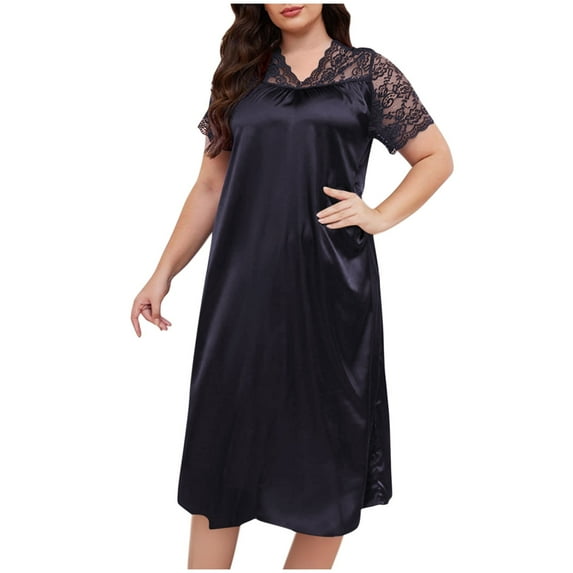 yillto Womens Plus Size Nightgowns Satin Silky Lace Short Sleeve V Neck Loose Sleepwear Nightdress