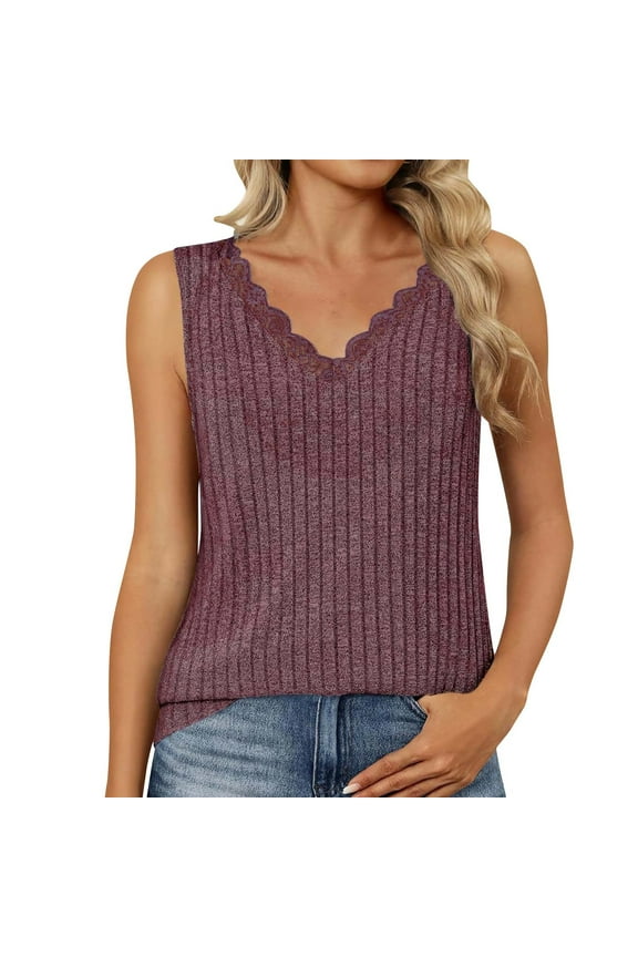 Womens Plus Size Ribbon Tank Lace V Neck Sleeveless Loose Undershirts Summer Knit Tunic Tops