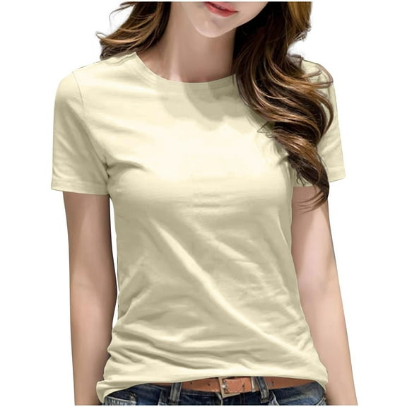 yillto Womens Plus Size Shirts Cotton Short Sleeve Tops Summer Basic Plain Crew Neck Tshirts S-5XL