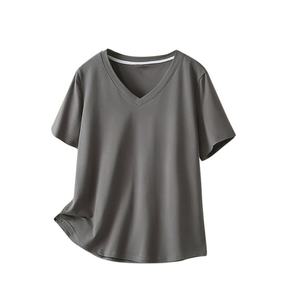 yillto Womens Plus Size Shirts Cotton Short Sleeve V Neck Summer Solid Color Tee Casual Loose Tshirts