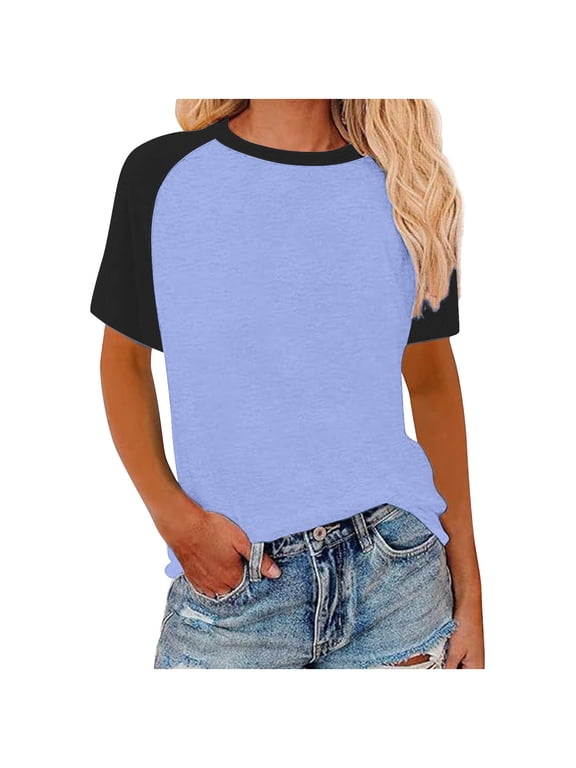 Womens Plus Size Shirts Summer Basic Casual Short Sleeve Crew Neck Tshirts Color Block Loose Tee