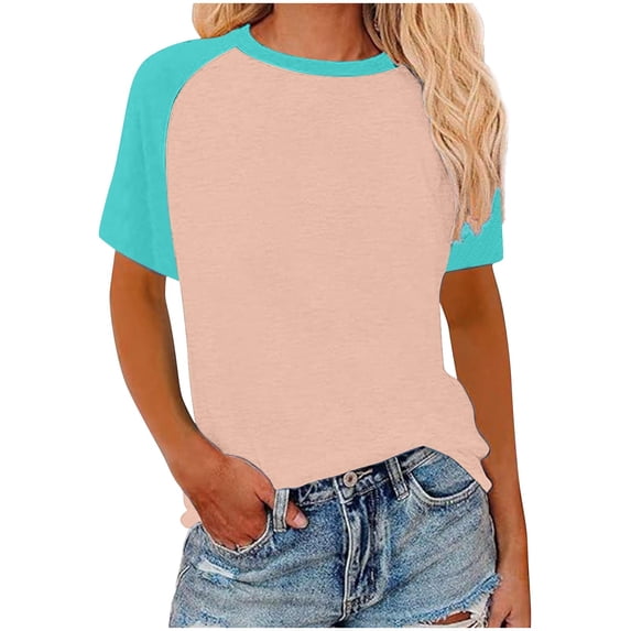 yillto Womens Plus Size Shirts Summer Basic Causal Short Sleeve Crew Neck Tshirts Color Block Loose Tee