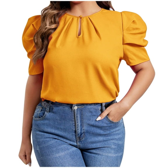yillto Womens Plus Size Tops Dressy Casual Summer Chiffon Blouses Crew Neck Short Sleeve Pleated Shirts