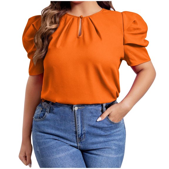 yillto Womens Plus Size Tops Dressy Casual Summer Chiffon Blouses Crew Neck Short Sleeve Pleated Shirts