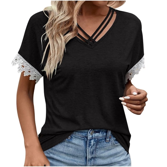 yillto Womens Plus Size Tops Lace Short Sleeve Blouse V Neck Fashion Business Dressy Shirts S-5XL