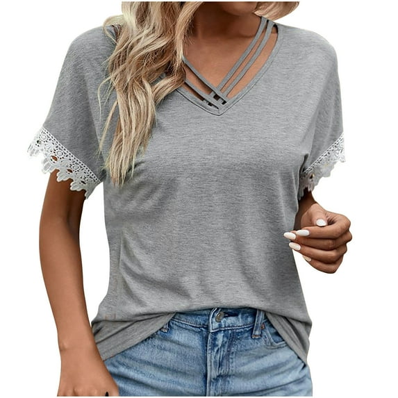 yillto Womens Plus Size Tops Lace Short Sleeve Blouse V Neck Fashion Business Dressy Shirts S-5XL