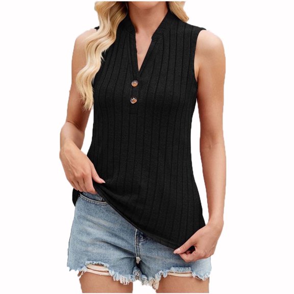 yillto Womens Ribbed Tank Top V Neck Sleeveless Tunic Tops Casual Loose Button Cami Knit Summer Tees