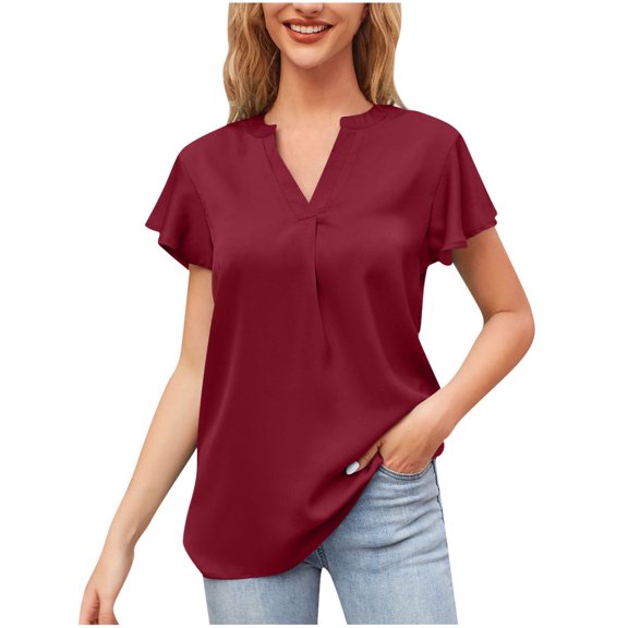 yillto Womens Satin Silky Blouse V Neck Pleated Ruffle Sleeve Work Office Summer Dressy Tunic Tops