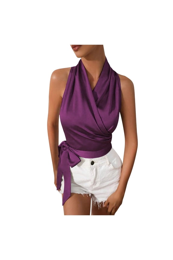 Womens Satin Silky Blouse Wrap V Neck Sleeveless Summer Business Dressy Tank for Work Office