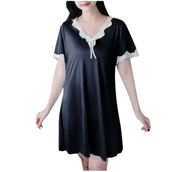 yillto Womens Satin Silky Nightgowns Lace V Neck Short Sleeve Mini Nightdress Soft Comfy Pajamas