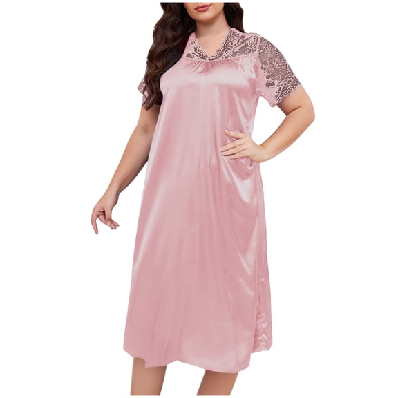 yillto Womens Satin Silky Nightgowns Plus Size Lace Short Sleeve Loose Sleepwear V Neck Nightdress
