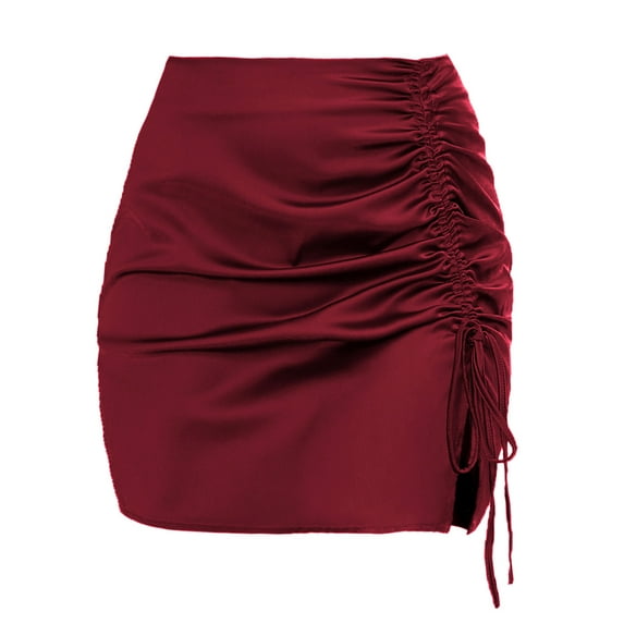 yillto Womens Satin Silky Skirts Ruched Drawstring Split Fashion High Waist Short Skirt for Women