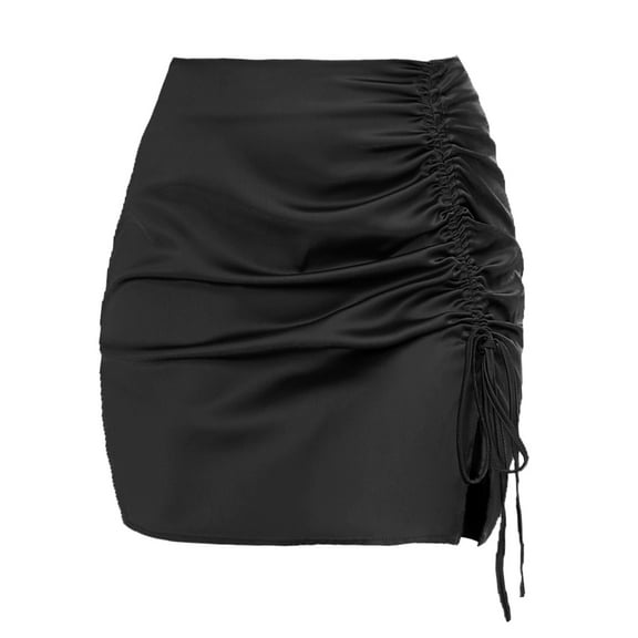 yillto Womens Satin Silky Skirts Ruched Drawstring Split Fashion High Waist Short Skirt for Women