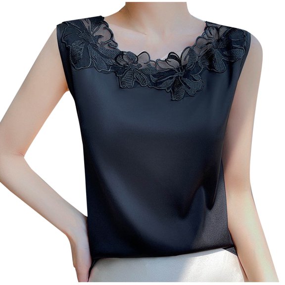 yillto Womens Satin Tank Tops Ruffle Trim Crewneck Sleeveless Shirts Silky Plus Size Outfits M-4XL