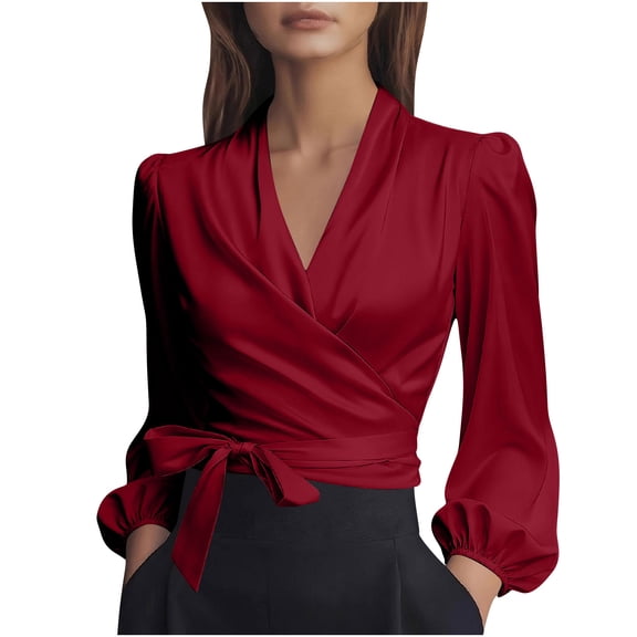 yillto Womens Satin Wrap V Neck Blouse Long Sleeve Tie Belt Shirt Elegant Ruched Tunic Business Top