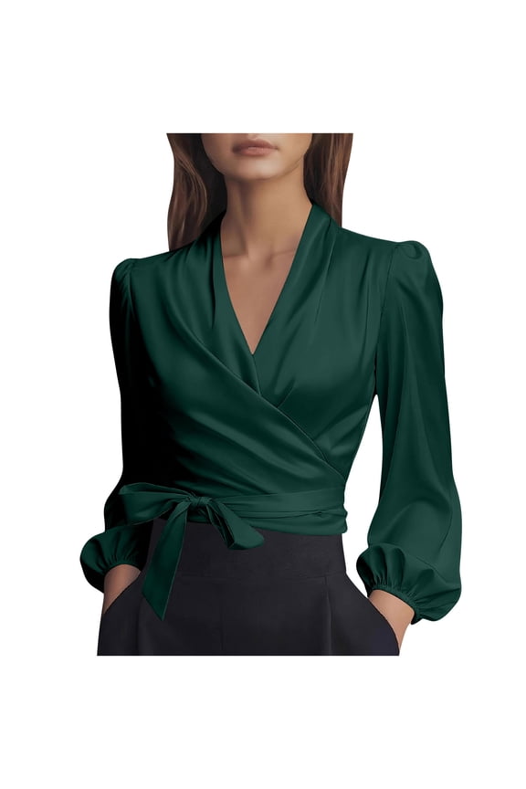Womens Satin Wrap V Neck Blouse Long Sleeve Tie Belt Shirt Elegant Ruched Tunic Business Top