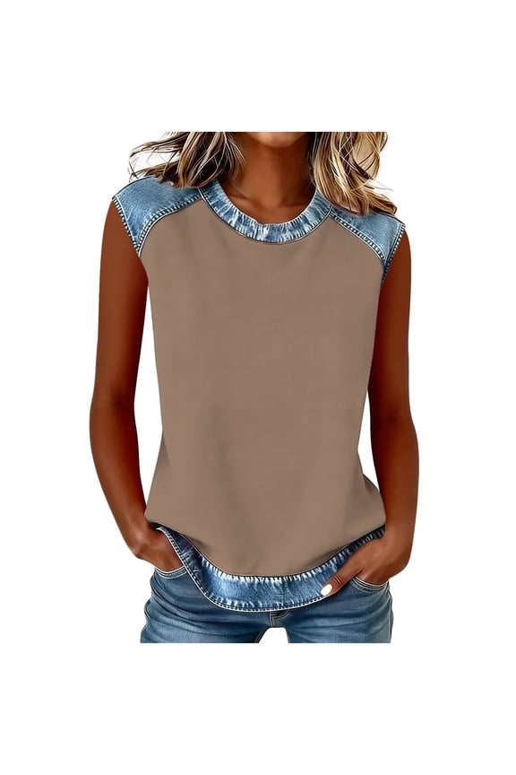 Womens Shirts Color Block Short Sleeve Crewneck Loose Summer Tee Fashion Trendy Tshirts