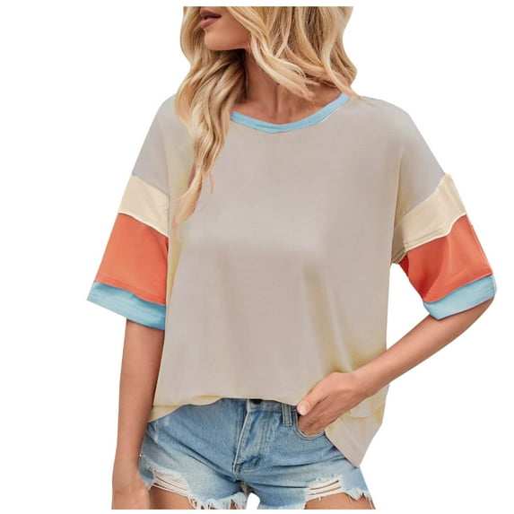 yillto Womens Shirts Color Block Short Sleeve Crewneck Loose Summer Tee 2025 Fashion Trendy Tshirts