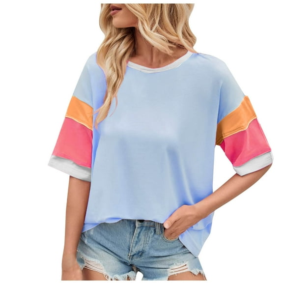 yillto Womens Shirts Color Block Short Sleeve Crewneck Loose Summer Tee 2025 Fashion Trendy Tshirts