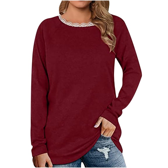yillto Womens Shirts Lace Trim Crewneck Long Sleeve Basic Causal Loose Solid Color Basic Shirt Tops