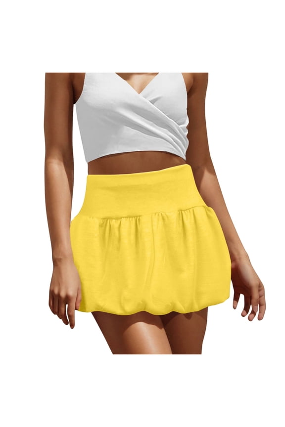 Womens Short Skirts High Waist Stretchy Pleated Ruffle Hem Cute Summer Mini Skirt for Women