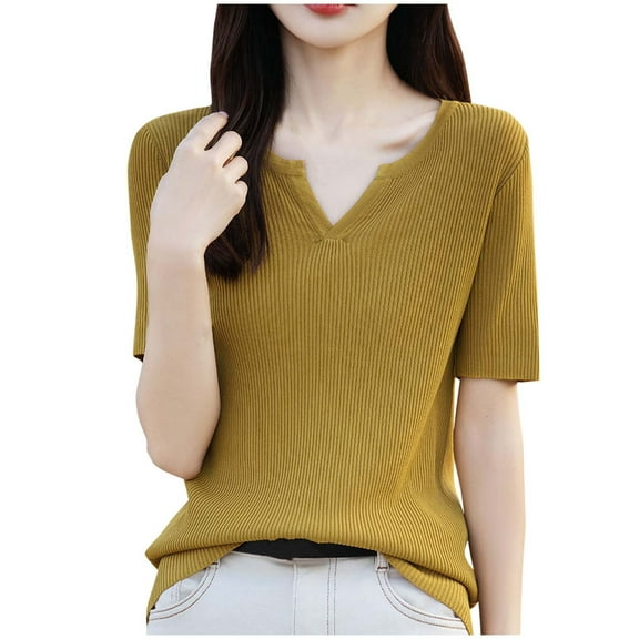 yillto Womens Short Sleeve Knit Top Lightweight V Neck Sweater Tops Spring Summer Fashion Short Sleeve Shirts