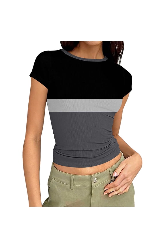 Womens Short Sleeve Shirts Basic Color Block Going out Slim Crop Tops Summer Spring Clothes