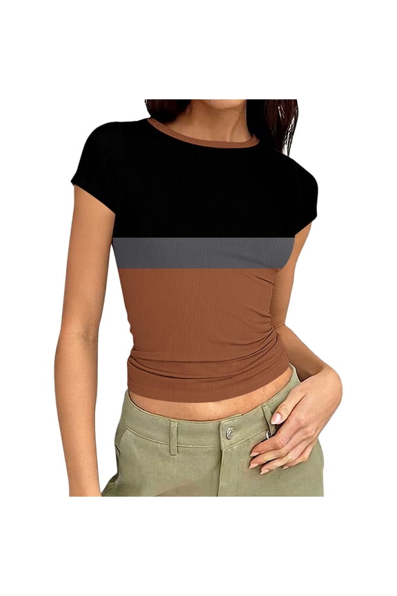 Womens Short Sleeve Shirts Basic Color Block Going out Slim Crop Tops Summer Spring Clothes