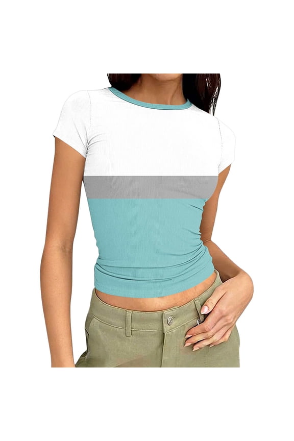 Womens Short Sleeve Shirts Basic Color Block Going out Slim Crop Tops Summer Spring Clothes