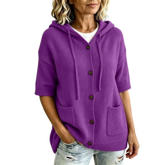 yillto Womens Short Sleeve Sweater Cardigan with Hooded Button down Casual Loose Knit Coats with Pockets
