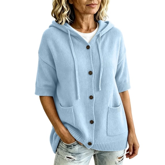 yillto Womens Short Sleeve Sweater Cardigan with Hooded Button down Casual Loose Knit Coats with Pockets