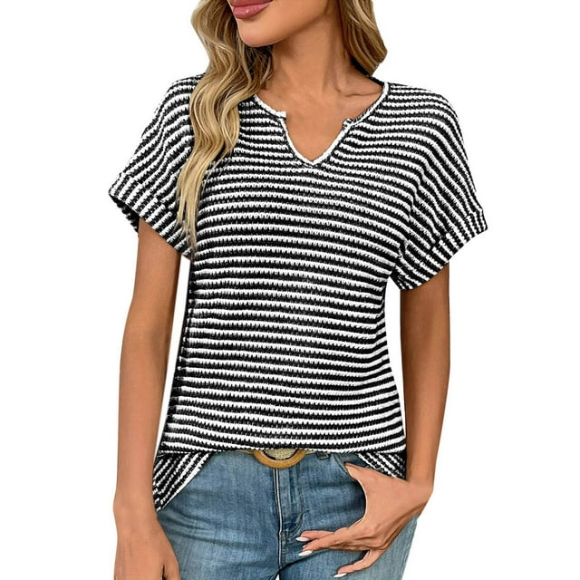 yillto Womens Short Sleeve Sweater Spring Summer 2025 V Neck Striped Pullover Cap Sleeve Knit Tops