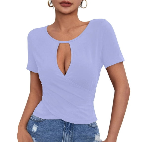 yillto Womens Short Sleeve Top 2025 Summer Trendy Fashion Shirts Party Clubwear V Neck Tee Clothes