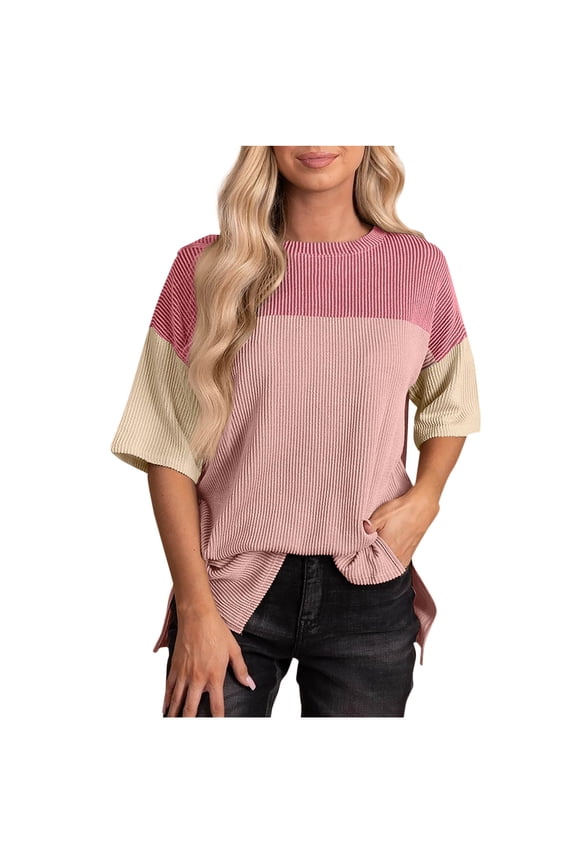 Womens Short Sleeve Tops Crewneck Split Loose Shirts Summer Causal Color Block Tshirts Clothes