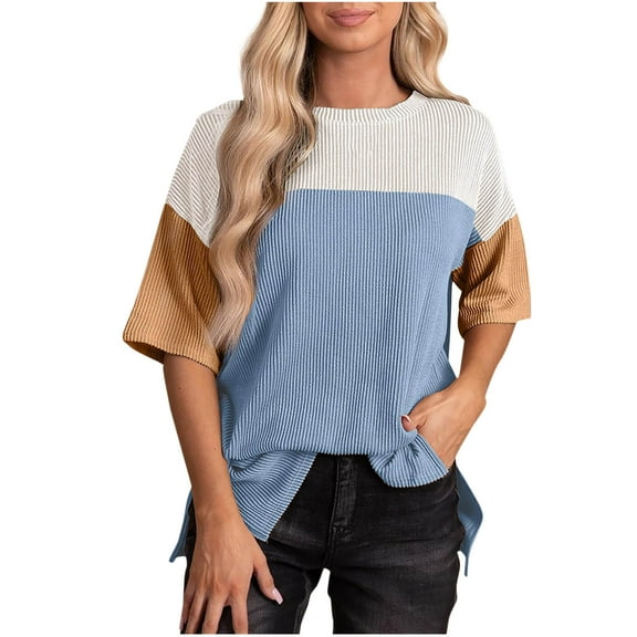 yillto Womens Short Sleeve Tops Crewneck Split Loose Shirts Summer Causal Color Block Tshirts Clothes