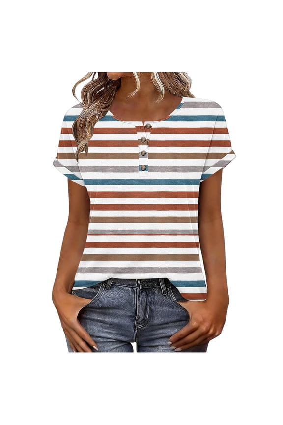 Womens Short Sleeve Tops Summer Printed Crewneck Buttons Pullover Shirts Casual Dressy Tunic Blouses