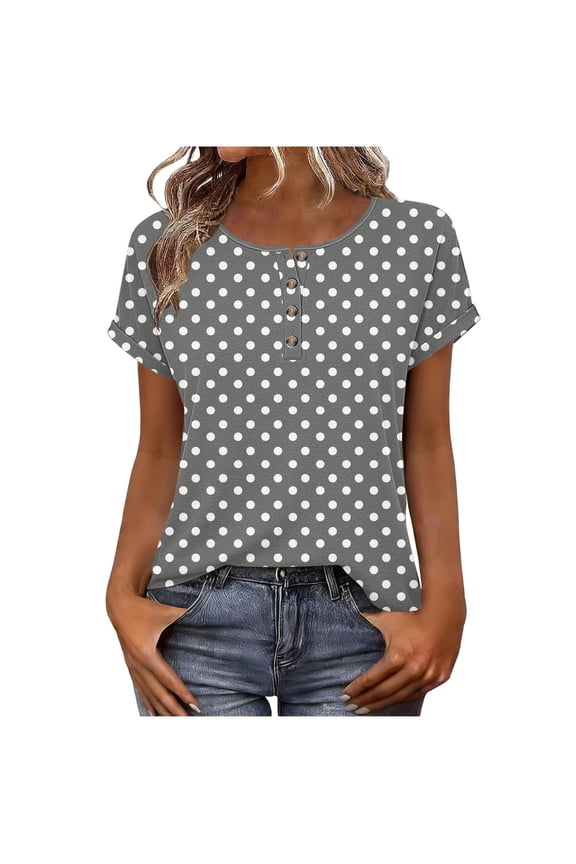 Womens Short Sleeve Tops Summer Printed Crewneck Buttons Pullover Shirts Casual Dressy Tunic Blouses