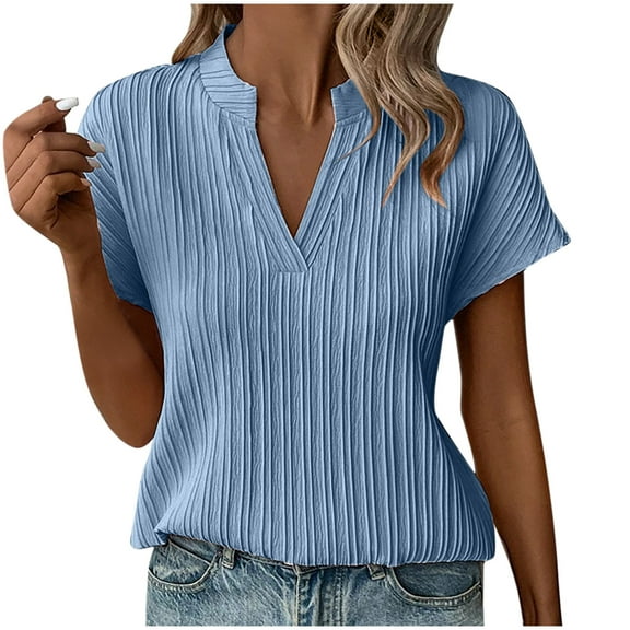 yillto Womens Short Sleeve Tops V Neck Elegant Dressy Blouse Pleated Fashion Work Office Shirts