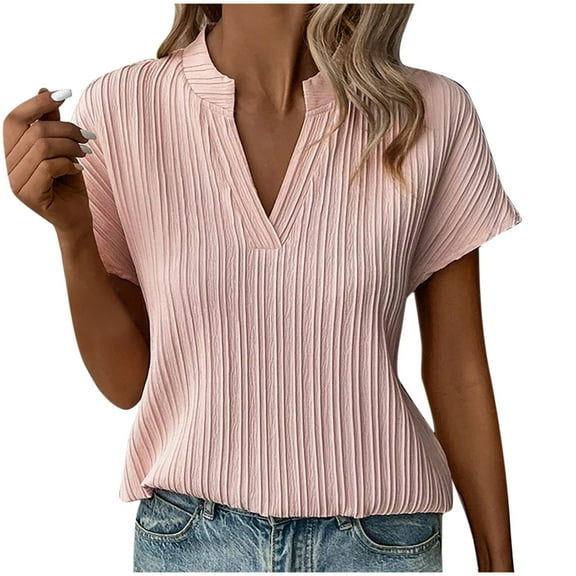 yillto Womens Short Sleeve Tops V Neck Elegant Dressy Blouse Pleated Fashion Work Office Shirts