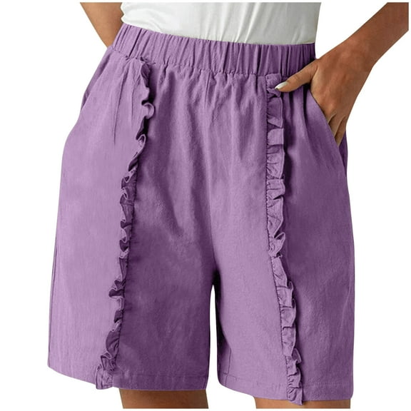 yillto Womens Shorts High Elastic Waist Ruffle Hem Causal Shorts Knee Length Loose Shorts with Pockets