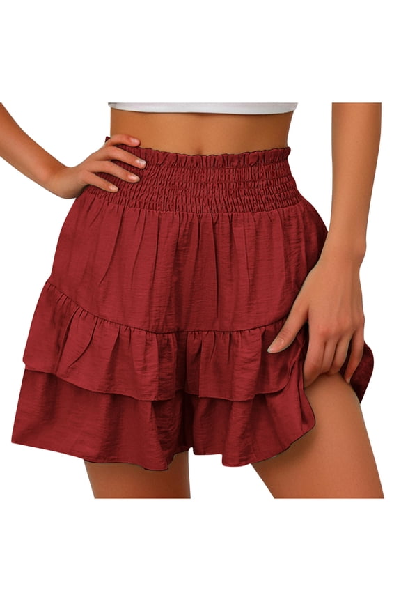 Womens Shorts Ruffle Hem Flowy Elastic High Waist Flowy Dressy Shorts Summer Mini Skirts
