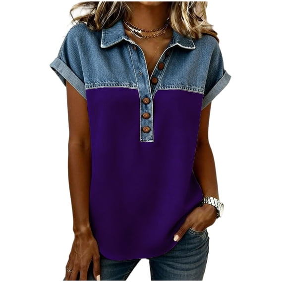 yillto Womens Spring Summer Tops Fashion Rolled Short Sleeve Jeans Shirts V Neck Loose Trendy Blouse Outfits