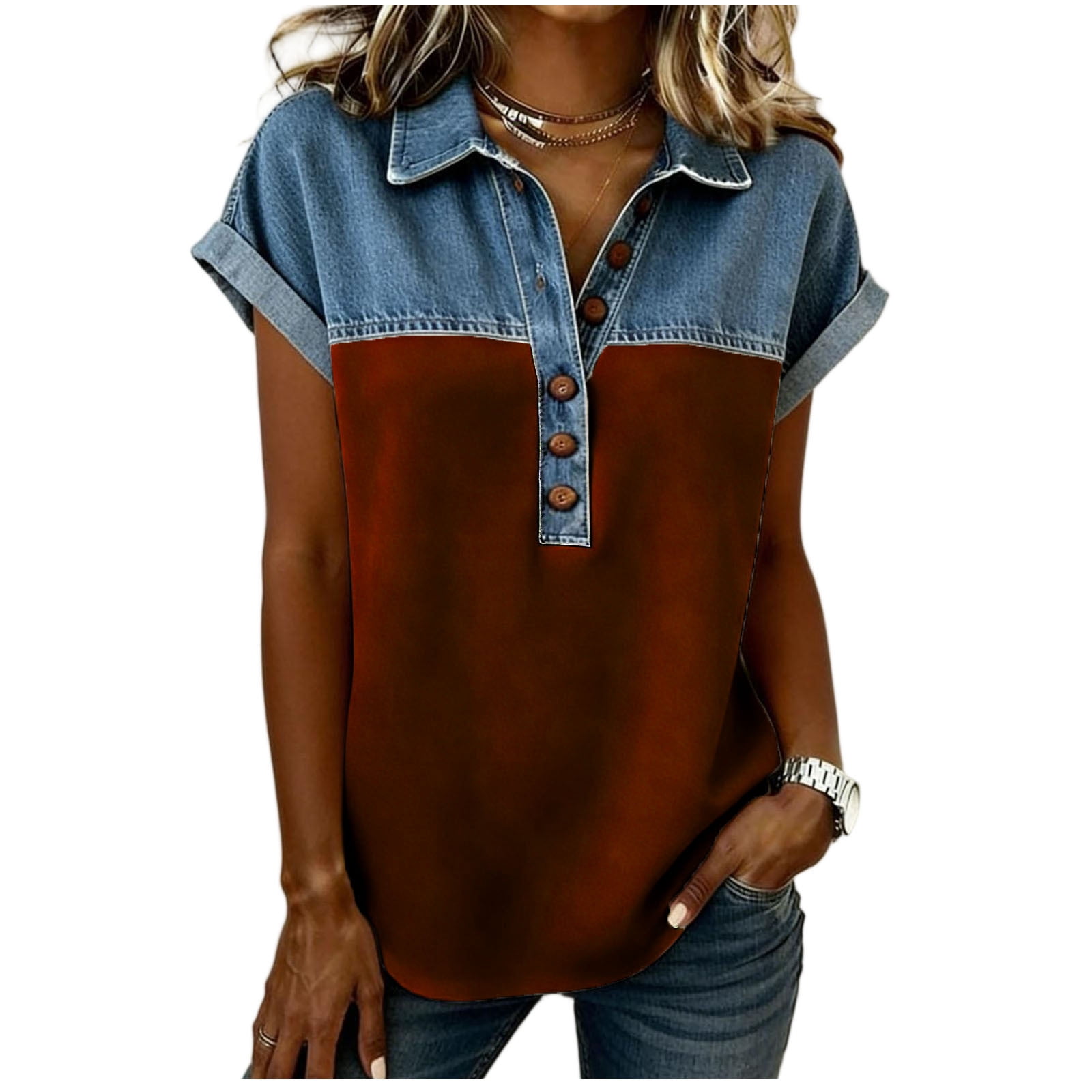 yillto Womens Spring Summer Tops Fashion Rolled Short Sleeve Jeans ...
