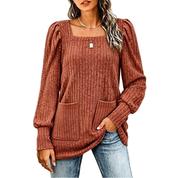 yillto Womens Square Neck Sweater Lightweight Knit Puff Long Sleeve Cute Loose Sweaters with Pockets