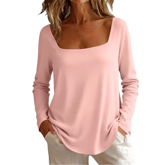 yillto Womens Square Neck Top Long Sleeve Solid Color Shirts Stretchy Basic Plain Casual Tshirts