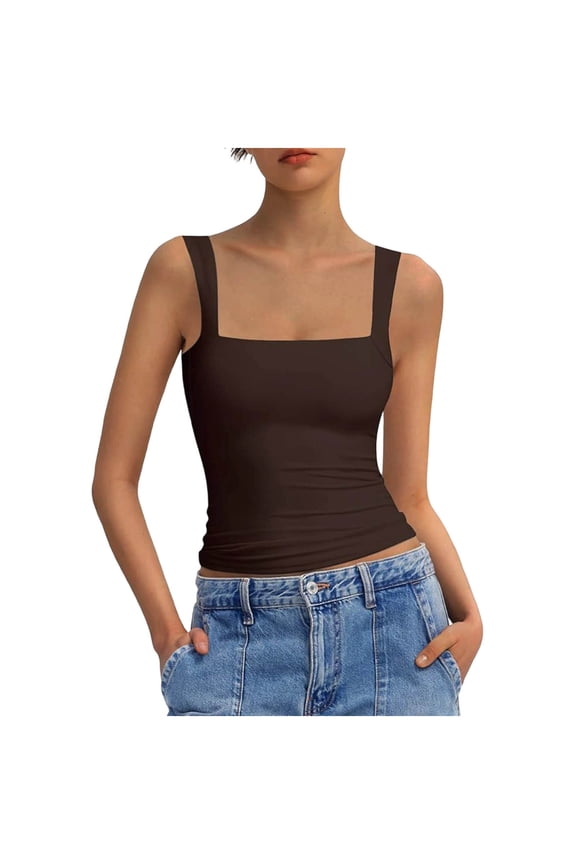 Womens Square Neck Tops Sleeveless Tanks Copped Slim Tee Basic Tight Shirts Going out Casual Top