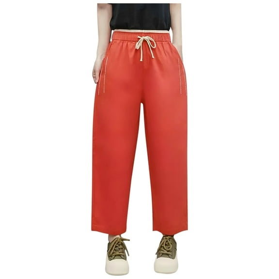 yillto Womens Straight Leg Pants Cotton Elastic Waist Drawstring Causal Loose Tapered Trousers Pant
